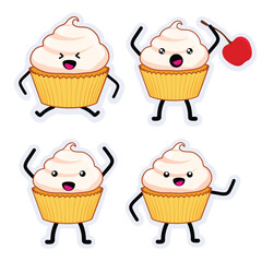 Collection of cute cupcake dessert characters with smiling faces in various poses