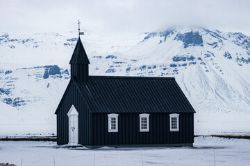 Sunrise at Búðakirkja church in Snaefellsnes peninsula (Iceland)