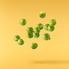 Fresh raw Green Peas falling in the air isolated on yellow background. Food levitation or zero gravity conception