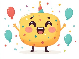 Cheerful, yellow character with a party hat surrounded by balloons and confetti