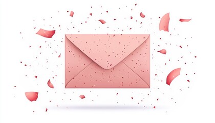 A pink speckled envelope surrounded by scattered pieces, on a clean white background
