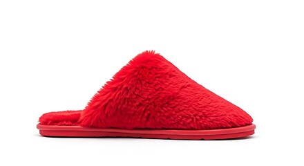  Red fuzzy slippers for women, white background.