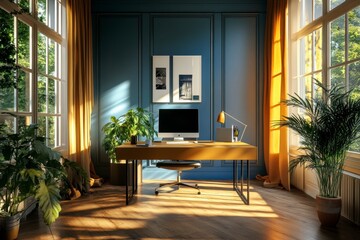 Fototapeta premium Sunlit Home Office Interior with Blue Walls and Yellow Curtains