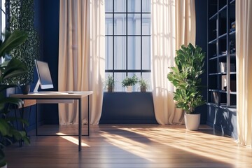 Sunlit Modern Home Office Interior with Blue Walls and Wooden Floors