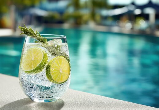 Refreshing cocktail with lime by poolside.