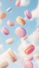 Fototapeta premium Charming pastel macarons gracefully floating in a whimsical sky with a soft focus effect