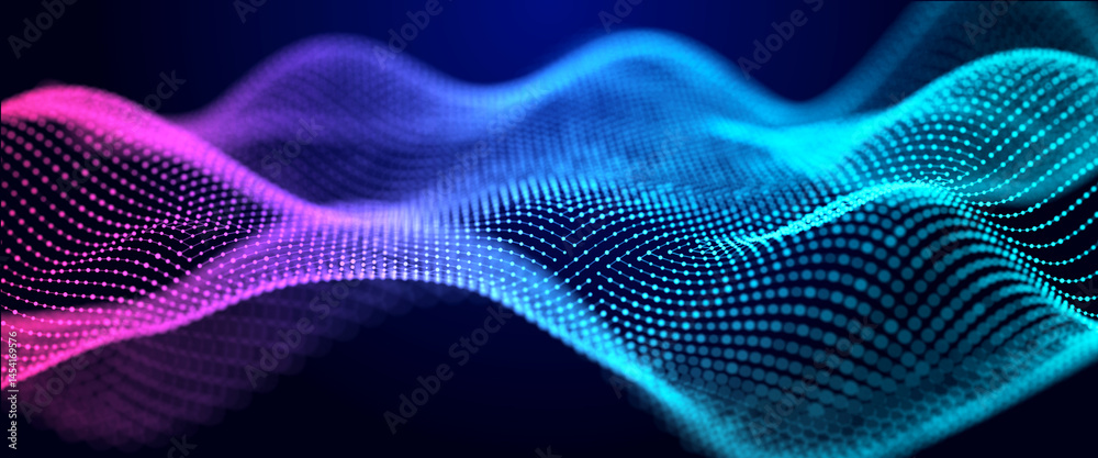 Poster futuristic wave of musical particles. stream of running data. 3d rendering