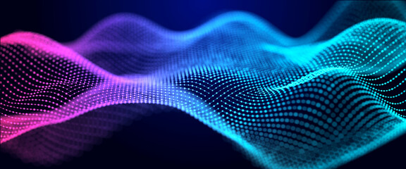 Futuristic wave of musical particles. Stream of running data. 3D rendering
