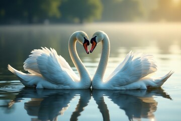 Two swans gracefully intertwined necks, serene lake setting, water, white, lake