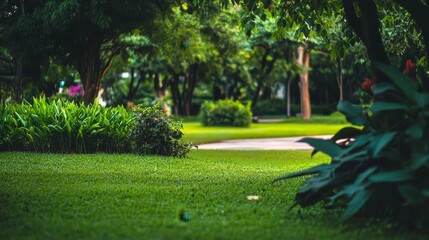 Obraz premium Serene park scene with lush greenery and a dreamy bokeh background for a realistic atmosphere