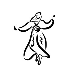 A dancing outline woman in Turkish traditional costume. Hand drawn vector illustration, line drawing.