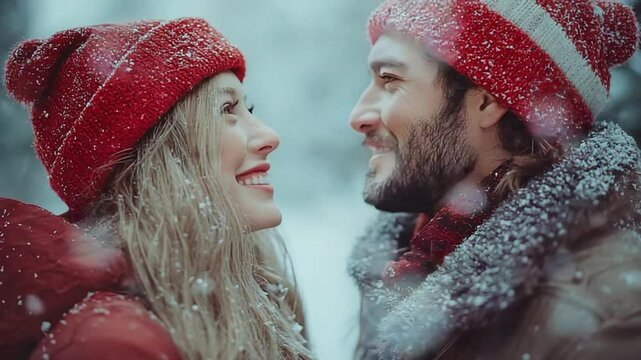 Romantic couple sharing a joyful moment in a snowy forest, wearing matching red hats, surrounded by falling snowflakes
