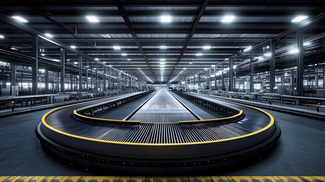 A modern airport baggage handling system with a long curved conveyor belt in a spacious industrial hall.