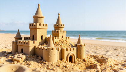 Sandcastle on the Beach Against Ocean Backdrop  