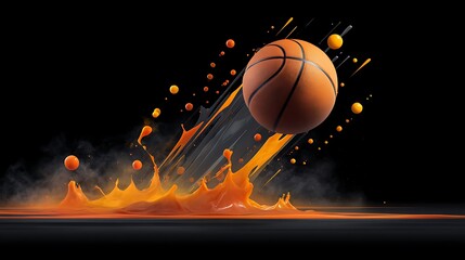 Fototapeta premium Basketball splashing into orange liquid, dynamic motion, black background.