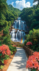 Lush tropical garden path leads to a majestic waterfall cascading down a verdant hillside a rainbow arcing beneath