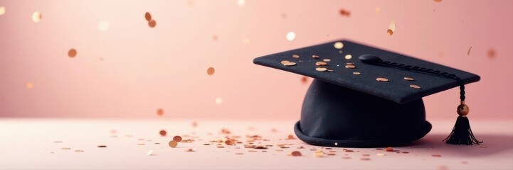 Elegant graduation cap on light background with confetti, AI generated , success, knowledge, delicate