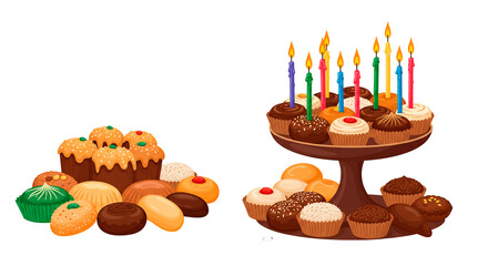 A delightful array of cupcakes and pastries, some adorned with burning candles, set against a stark black backdrop.