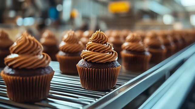 Delicious chocolate cupcakes with swirls of creamy frosting move along a conveyor belt in a modern bakery production line. - Powered by Adobe
