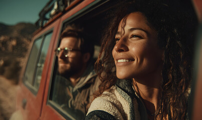 A couple is on a self-driving trip during the holiday, having a happy and free time. It's an outdoor trip, a vacation, a long journey, driving, business, advertising, posters, backgrounds, wallpapers