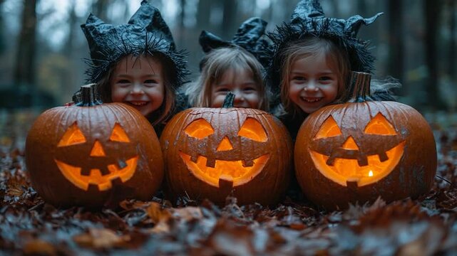 Three joyful children wearing Halloween costumes, smiling beside carved pumpkins in a forest