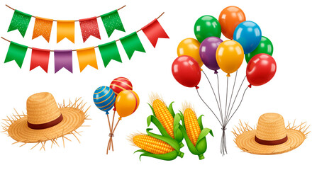 Festive June Party Celebration: Colorful flags, balloons, corn, and straw hats set the scene for a lively and joyful celebration.