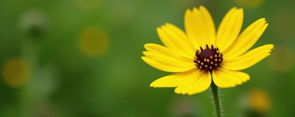 Single wildflower stem, coarse hairs, bright yellow petals, dark brown center , single, isolated, detail