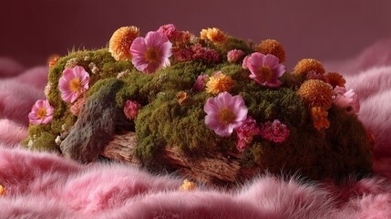 3d moss fragment wood stone wildflowers pink fur background green minimalist floating surreal composition