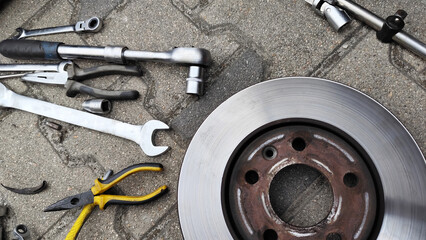 Tools for car repair, socket and socket wrenches, for car repair, car parts, brake disk replacement.