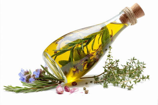 Herbal infused olive oil bottle with fresh herbs and flowers against a white background
