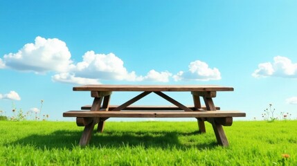 Rustic Wooden Picnic Table on Lush Green Grass Under a Summer Sky with Puffy Clouds