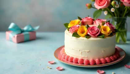 Naklejka premium Beautifully decorated cake, colorful flowers, wrapped gift beside it, mothers day celebration, cake, chocolate