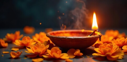 Burning diya amidst orange flowers, Hindu festival setting , Pongal, festival
