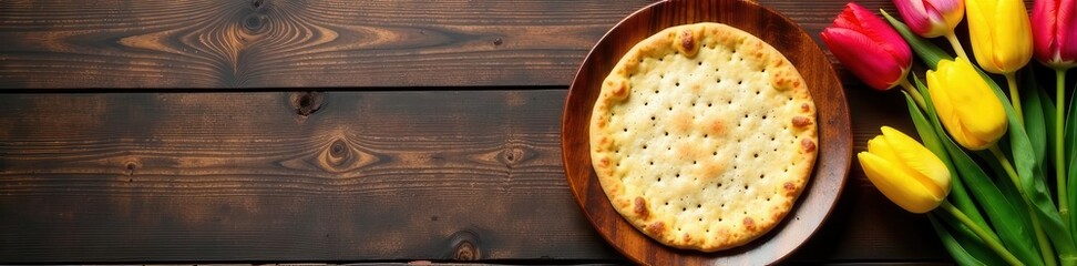Passover Seder plate, matzah, tulips Wooden background , Tulip, Religion