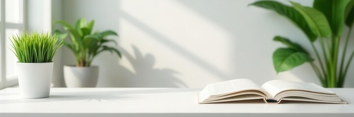 Fototapeta premium Bright white tabletop scene; books, plants, copy space, soft living room backdrop, decor, home, relaxing