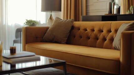 Vintage inspired tan leather couch, tufted backrest, and matching ottoman in a modern living room with elegant decor.