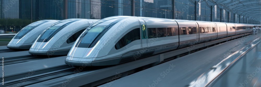 Poster innovative high-speed maglev package transport line operates in a futuristic urban environment gener