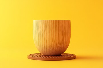 Empty light beige wooden bowl on yellow background.
