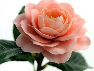 Close-up of a delicate peach-colored camellia flower with green leaves