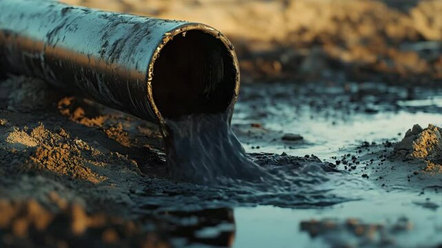 Leaking pipeline polluting soil with crude oil spill, industrial contamination