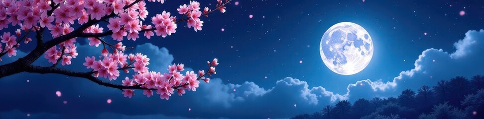 Fototapeta premium Moonlit cherry blossoms, delicate branches silhouetted against night sky, elegant, texture, dreamy