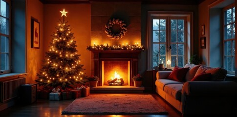 Warm Christmas living room, glowing fireplace, decorated tree , season, festive lighting, christmas lights