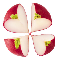 Fresh raw Red Radish with green leaves falling in the air isolated on white backgriund. Food...