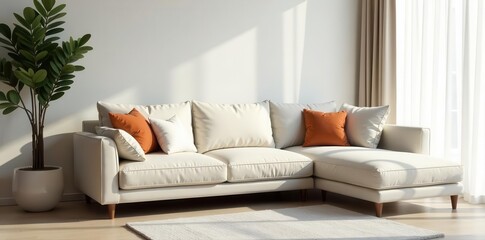 Curved back sofa, neutral tones, bright space , elegant, decor