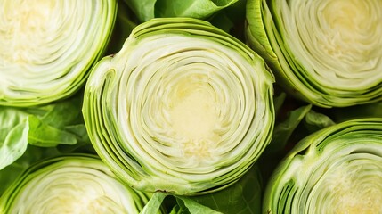 Fototapeta premium Close-up of fresh, sliced cabbage heads showing detailed green and white layers.