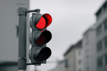 Red traffic light signaling vehicles to stop on a city street in overcast weather