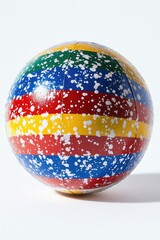 Obraz premium Colorful striped ball with speckles against a plain white background