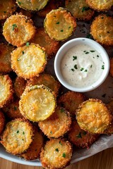 A plate of zucchini fries with a white sauce. The fries are golden brown and crispy, and the sauce is creamy and tangy. The plate is set on a wooden table, and the fries are arranged in a neat pile