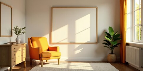 Fototapeta premium Sunlit interior, armchair, dresser with decor, empty frame for mockup , dresser, modern