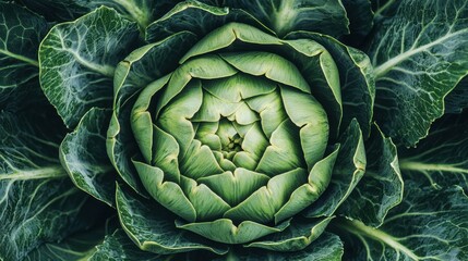 Obraz premium A close-up view of a fresh green artichoke surrounded by leafy foliage, showing its intricate patterns and natural texture.